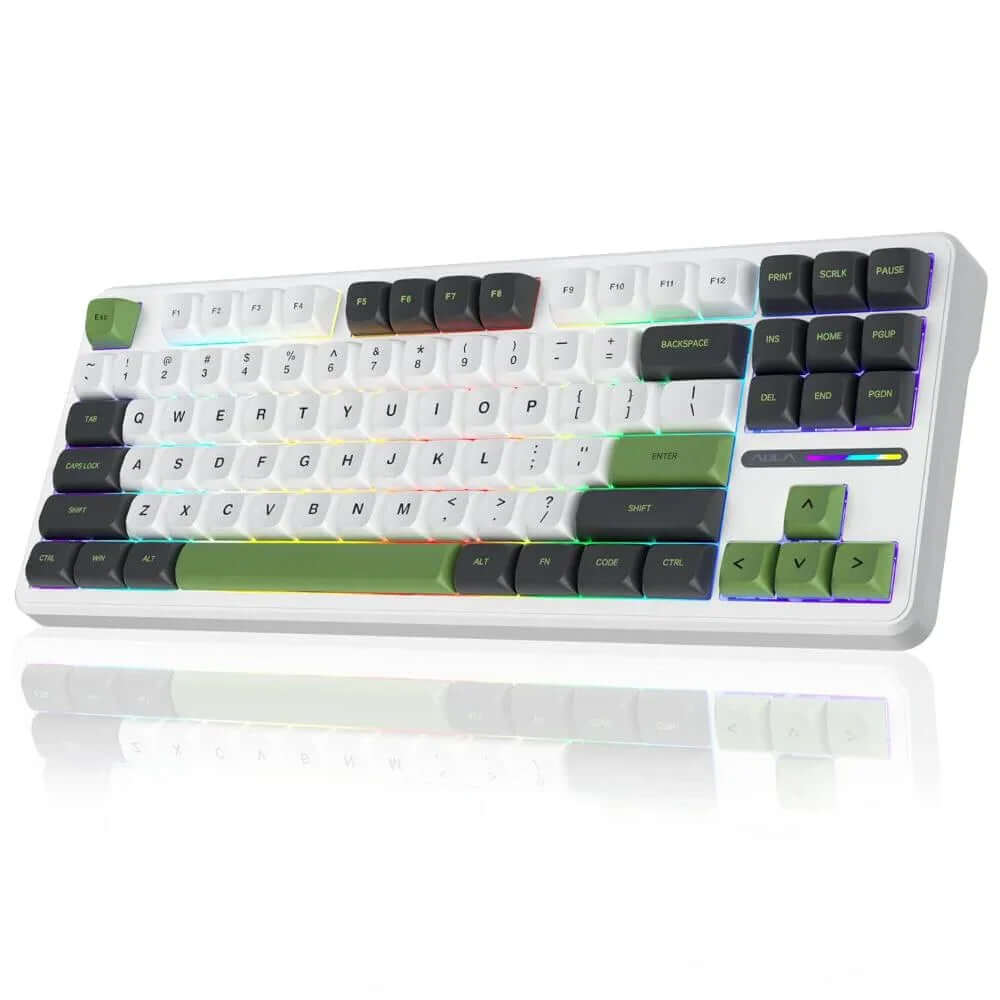 AULA F87 Wireless Trio Mode Mechanical Gaming Keyboard (Green + White – Gray Wood Switch V3) - (AULA-F87-green-white-v3) - Navgun Global